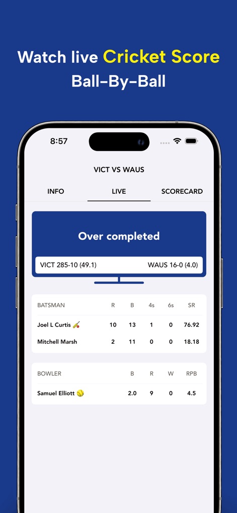 CricFy TV : Live Cricket TV - Users can track ball-by-ball score updates and access comprehensive statistics for individual batsmen and bowlers in completed overs.