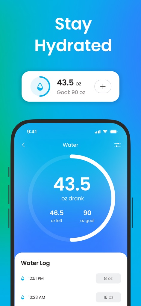 Walking App: Step Counter Go - Esta tela oferece um rastreador de água para monitorar a ingestão diária, exibindo o consumo atual e o objetivo de hidratação definido.
