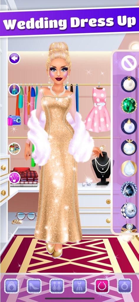 Wedding Makeover: Salon Games - Users can explore a lavish closet filled with stunning wedding attire, including a glittering gold gown and various accessories.
