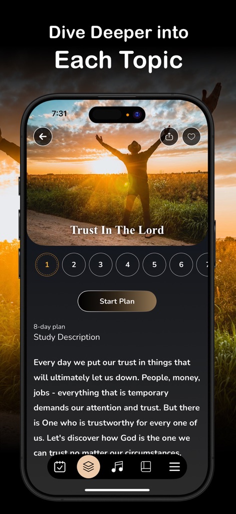 Daily Bread Devotional for Men - Les utilisateurs peuvent approfondir chaque sujet avec un plan d'étude structuré sur 8 jours et un bouton "Start Plan" pour commencer leur parcours spirituel.