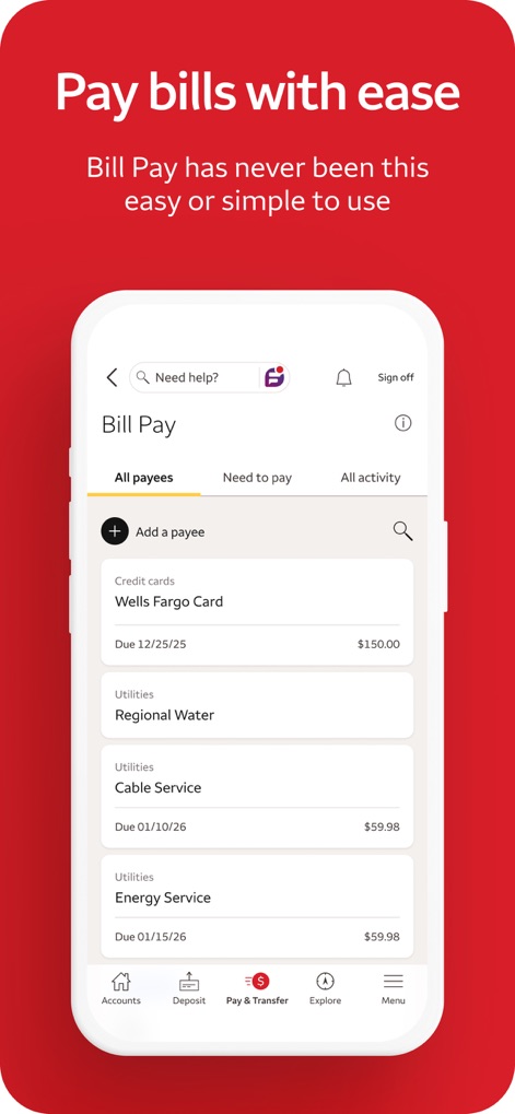 Wells Fargo Mobile® - A seção de pagamento de contas exibe 'All payees' listados com suas respectivas datas de vencimento e valores, e permite adicionar novos beneficiários com a opção 'Add a payee'.