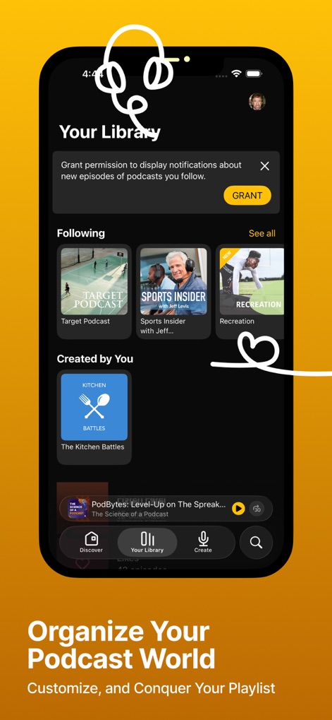 Spreaker Podcasts - A seção 'Sua Biblioteca' permite aos usuários gerenciar podcasts que seguem e ver episódios criados por eles, mantendo tudo organizado em um só lugar.