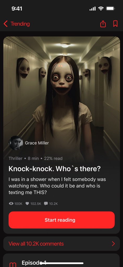 Horror Games & Chat Stories - A tela de "Trending" apresenta histórias populares, exibindo uma figura feminina assustadora em um corredor sombrio como imagem de capa e detalhes como o tempo de leitura e o título da história.