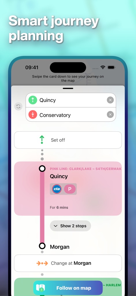 Mapway: Maps & Transit Planner - This tool provides "Simple Journey Planning" with clear step-by-step guidance, visually detailing routes such as from Quincy to Conservatory on the PINK LINE.