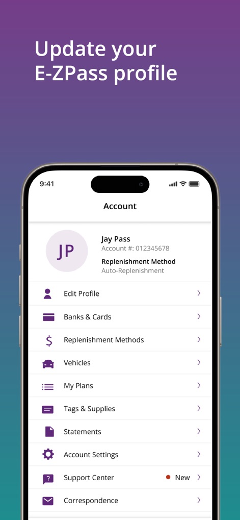 Tolls NY - The app centralizes user management with an 'Edit Profile' section and intuitive categories such as 'Vehicles' and 'Statements' for comprehensive account control.