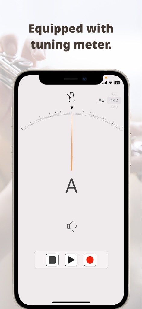 Smart Metronome & Tuner + - Dieses Tool bietet ein integriertes Stimmgerät, das eine präzise Abstimmung von Instrumenten ermöglicht, erkennbar an der feinen Skala und der deutlichen Notenanzeige (z.B. A=442).