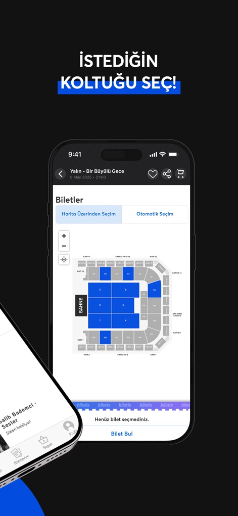 Biletix - Users can effortlessly select their preferred spots using the interactive map interface, with clear visual indicators for seat availability and the option for automatic seat assignment.