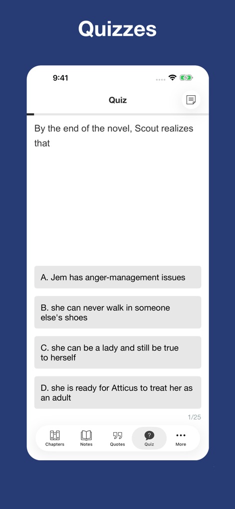 To Kill a Mockingbird - notes - Cet outil offre des quiz interactifs pour tester la compréhension, affichant le numéro de question et les options de réponse multiples.