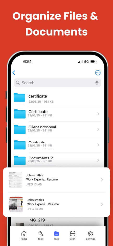 PDF Converter - PDF Editor・ - Efficiently manage and organize files within custom folders, allowing users to easily locate specific documents like 'John smith's Work Experie... Resume'.