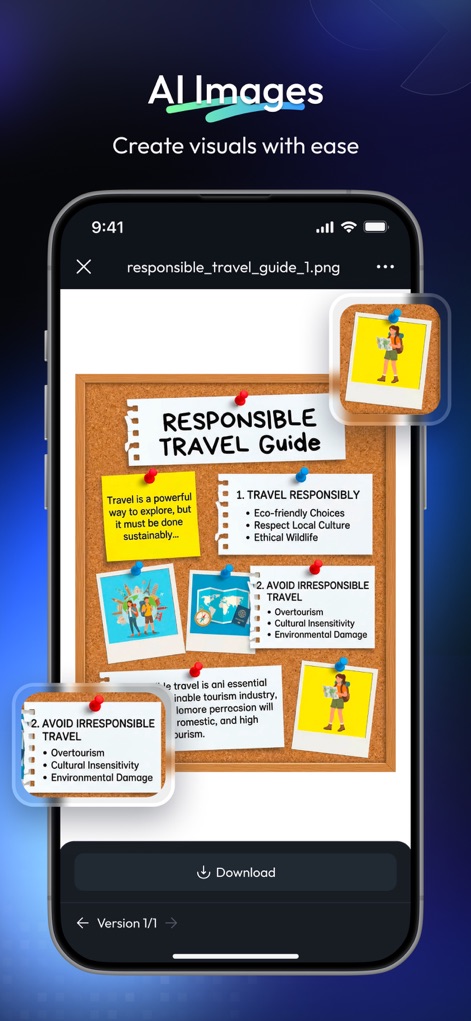 Skywork - A funcionalidade "AI Image" é exibida, criando um guia visualmente atraente de "Responsible Travel Guide" com caixas de texto e pequenas imagens anexadas a um fundo de quadro de cortiça.