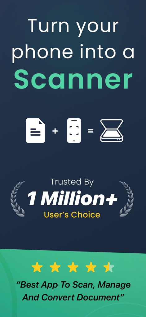 Camera Scanner: Scan to PDF - Questo strumento converte il dispositivo in uno scanner portatile, dimostrando l'affidabilità con le icone del documento e del telefono che simboleggiano la trasformazione e la valutazione a 4.5 stelle conferita dagli utenti.