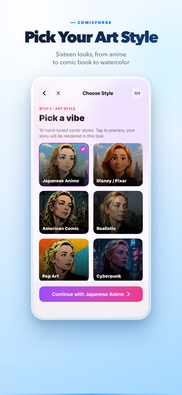 Art style picker with anime, realistic, pop art, and cyberpunk looks