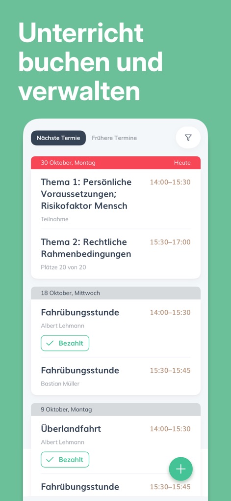 Führerschein ClickClickDrive - Examine the appointment overview, where users can view upcoming theory lessons and track the payment status of their practical driving lessons.