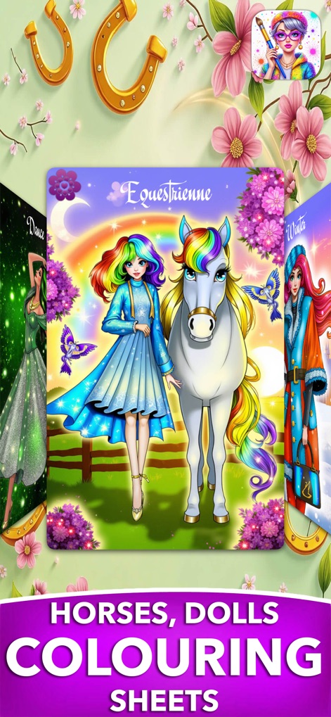 PONY Coloring Pages for Girls - Las niñas pueden dar vida a hermosas escenas con personajes como esta amazona y su caballo de melena arcoíris, eligiendo entre una amplia gama de láminas para colorear que incluyen caballos y muñecas.