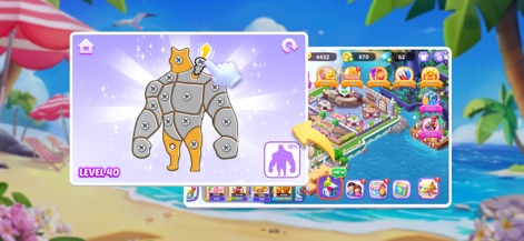 Merge Topia-Screw Jam - Questa schermata evidenzia la duplice natura del gioco, mostrando un puzzle Screw Jam con il Livello 40 in primo piano e l'ampia visuale di un'isola con hotel e risorse in background.