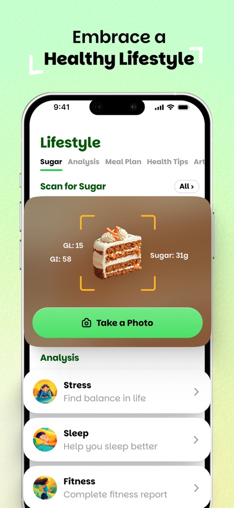 Wellify - Simplify Wellness - La aplicación simplifica la gestión del estilo de vida con un escáner de azúcar que muestra el contenido y un acceso rápido a módulos de bienestar como Estrés y Sueño.