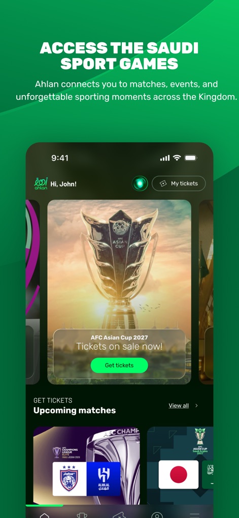 Ahlan | أهلاً - This screenshot reveals the app's personalized greeting and the prominent display of major upcoming tournaments like the AFC Asian Cup 2027, making it easy for users to access event information and ticket sales.