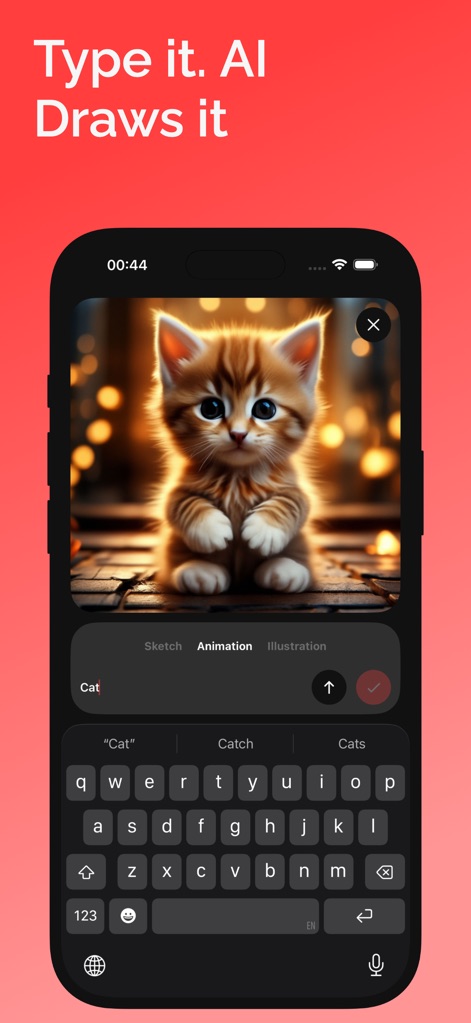 Painter Eye: AR Drawing App - A inteligência artificial permite que os usuários digitem um termo, como "Cat", e vejam o aplicativo gerar instantaneamente uma imagem detalhada de um gatinho fofo, com opções para diferentes estilos de arte como "Animation" e "Illustration".
