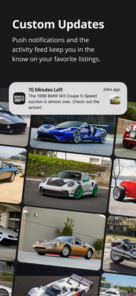 Bring a Trailer Auctions - O aplicativo mantém os entusiastas atualizados com "notificações push", como o aviso de "15 Minutos Restantes" para um leilão, garantindo que o usuário esteja sempre informado sobre seus modelos favoritos, como o BMW M3 Coupé.