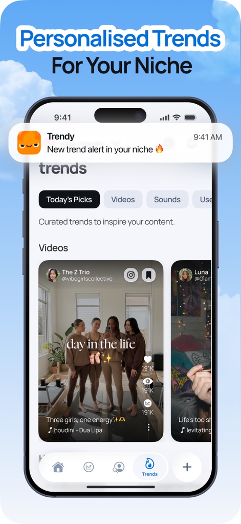 Trendy Profile Tracker & Boost - 사용자는 '오늘의 추천' 탭에서 개인화된 트렌드 알림을 받아볼 수 있으며, 특정 틈새시장에 맞는 동영상 콘텐츠와 'Trendy' 앱의 알림 메시지를 확인할 수 있습니다.