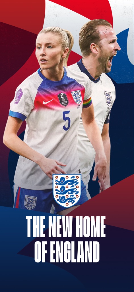 The Official England App - This initial screen establishes the app as the central hub for fans, prominently displaying images of key England players and the official team crest.