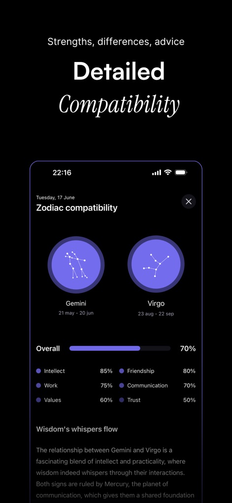 Orion – Horoscope & Tarot - Esta captura profundiza en los resultados de compatibilidad, presentando el desglose porcentual de compatibilidad en diversas áreas como intelecto y amistad, y la descripción textual del vínculo entre los signos.