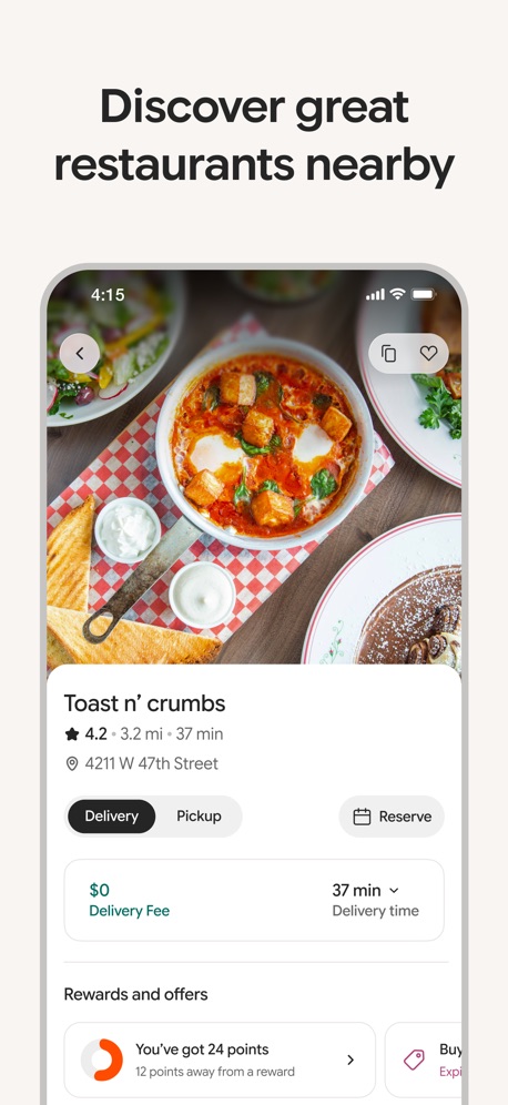 Toast - Local Restaurants App Store screenshot 2, headline “Discover great restaurants nearby”. Headline too small to read.