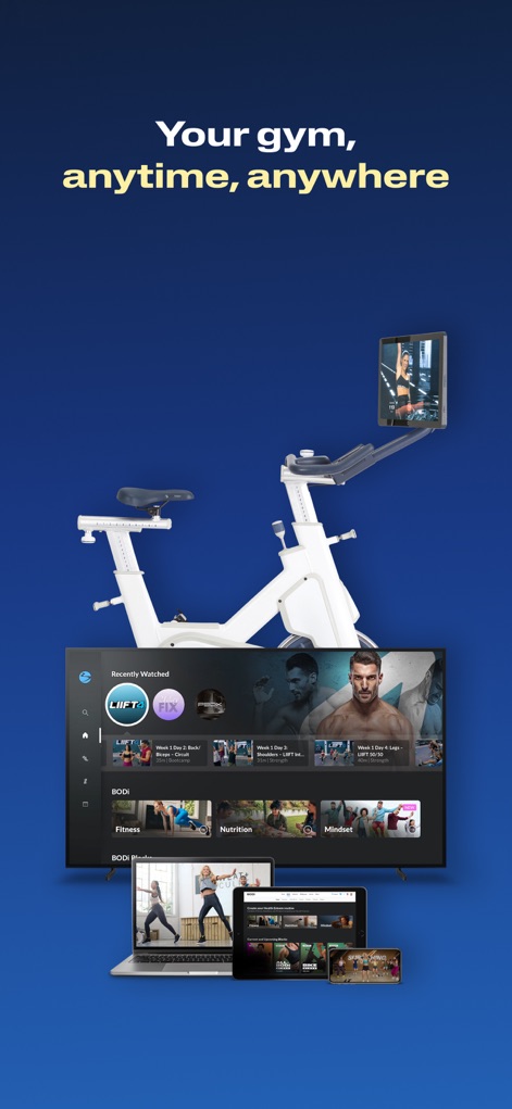 BODi by Beachbody Home Fitness - La aplicación es accesible en múltiples dispositivos, incluyendo teléfonos móviles y televisores, y muestra una bicicleta estática que sugiere la integración con equipamiento de fitness en casa.