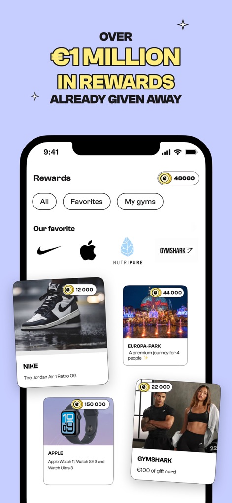 EXO – Sport, Cash & Rewards - Explore a rich catalog of premium rewards from top brands, including iconic 'Nike' sneakers and sophisticated 'Apple Watch' models, reinforcing the app's substantial reward offerings.