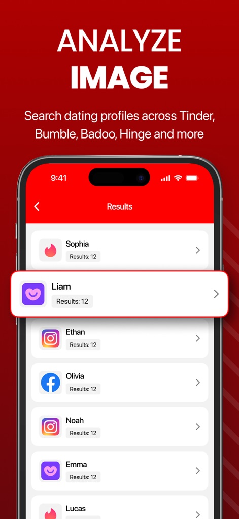 CheaterBuster - AI Checker - This tool displays comprehensive search results, showcasing a clear list of identified individuals alongside their associated dating platform logos and the number of matches found.