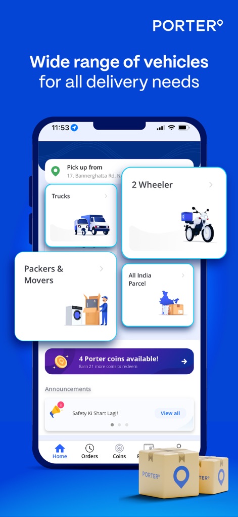 Porter - Logistics Service App - A tela inicial apresenta uma variedade de categorias de serviço, incluindo 'Trucks' e 'Packers & Movers', juntamente com um banner informativo sobre 'Porter coins' disponíveis para os usuários.
