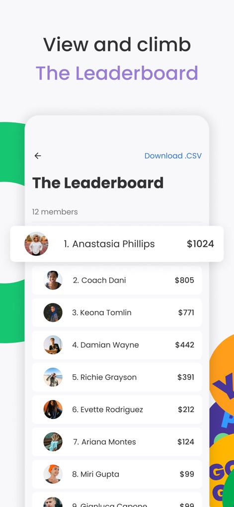 Double Good - Engage with a dynamic "Leaderboard" that displays top fundraisers and their contributions, with an option to "Download .CSV" for comprehensive data.