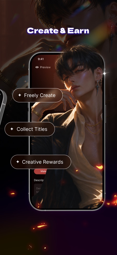 Tipsy Chat: Live Your Story App Store screenshot 4, headline “Create & Earn”. Watch, iPad or Mac beside it.