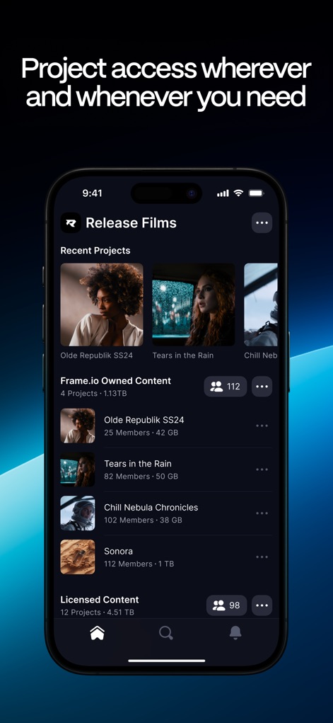 Frame.io - This interface allows users to quickly access their diverse project portfolio and view essential details like project members and data utilization.