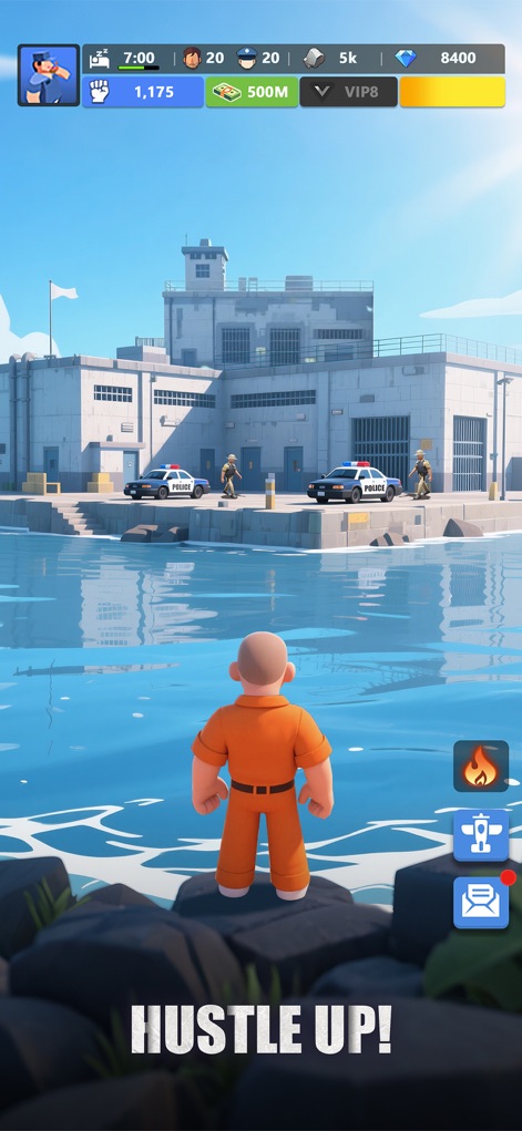 Lands of Jail - Observe the stylized prisoner character from a unique perspective and the imposing prison complex nestled by the water, highlighting the game's setting.