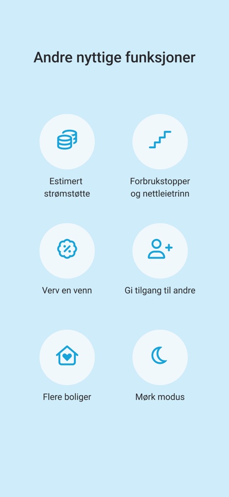 Mitt NTE - Uma variedade de funções adicionais é apresentada através de ícones intuitivos, incluindo a opção de "Mørk modus" para preferência visual e a funcionalidade de "Flere boliger" para gerenciar múltiplas propriedades.