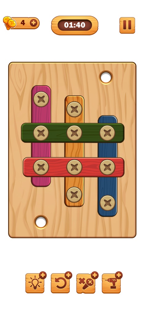 Screw Puzzle: Wood Nut & Bolt™ - Se muestra un puzzle con una clara disposición vertical y horizontal de tablas de madera, donde los pocos agujeros superiores ofrecen pistas cruciales sobre cómo comenzar el proceso de desatornillado.