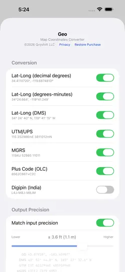 Screenshot von Geo: GPS-Koordinatenumrechner auf dem iPhone 6