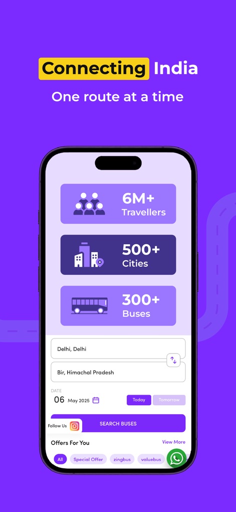 zingbus:Book Bus Ticket Online - The app provides a streamlined booking interface, allowing users to easily select origin and destination while showcasing impressive metrics like '6M+ Travellers' and '500+ Cities' served.
