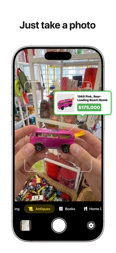 ThriftAI: Profit Identifier - Users can simply point their camera, and the app's AI scanning frame instantly delivers a detailed item identification pop-up with its market value.