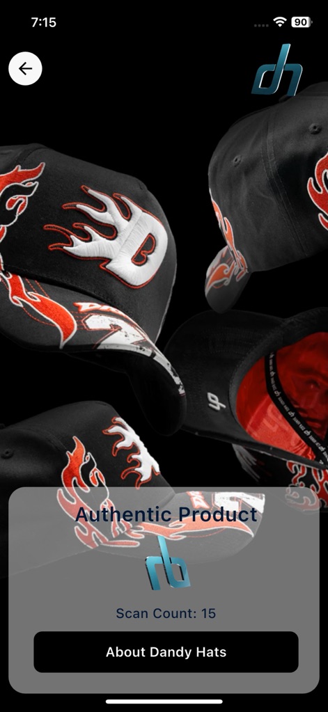 DH Dandy Hats - Beyond authenticity, this tool reveals detailed product information, including a unique 'Scan Count' and a direct link to 'About Dandy Hats' for deeper brand insights.