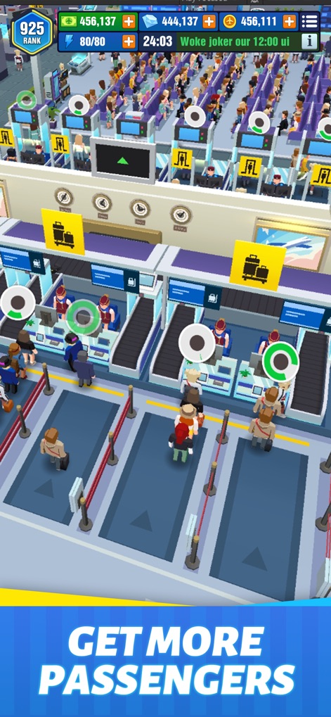 Idle Airport Empire Tycoon - Observe the efficient check-in desks and the automated baggage conveyor belts, demonstrating the smooth flow of passenger services.