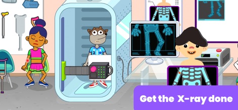 Hospital Games for Kids - Explore the X-ray room, showcasing a patient getting an X-ray and clear skeletal images displayed on the monitor.