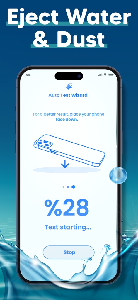 Water Eject - Clear Wave PRO - Observe the "Auto Test Wizard" in action, guiding users through the process of "ejecting water & dust" to restore speaker clarity.