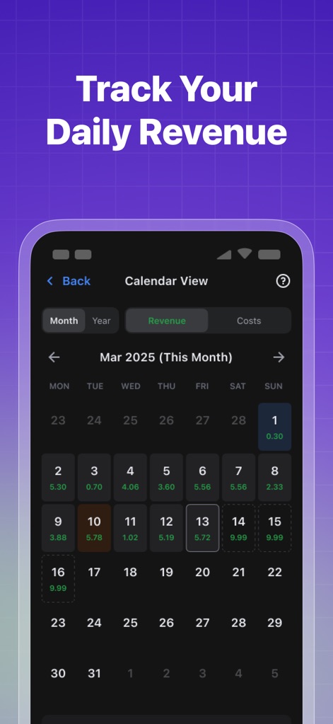 FoxCloud2.0 - The app presents a clear calendar view for tracking daily revenue generated from the power plant, alongside options to monitor associated costs.