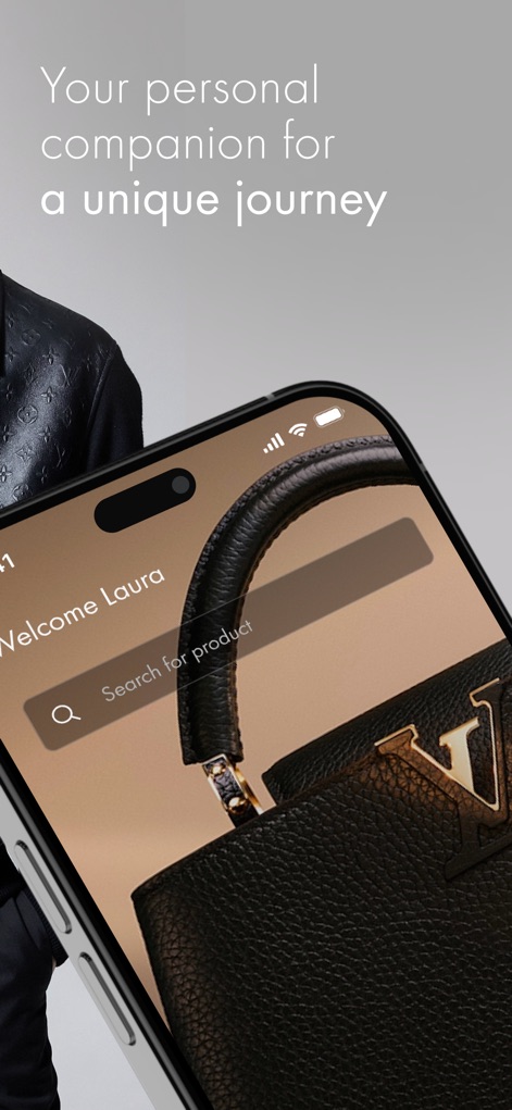 Louis Vuitton - Users are greeted with a personalized welcome message and a convenient search bar to easily discover desired products.