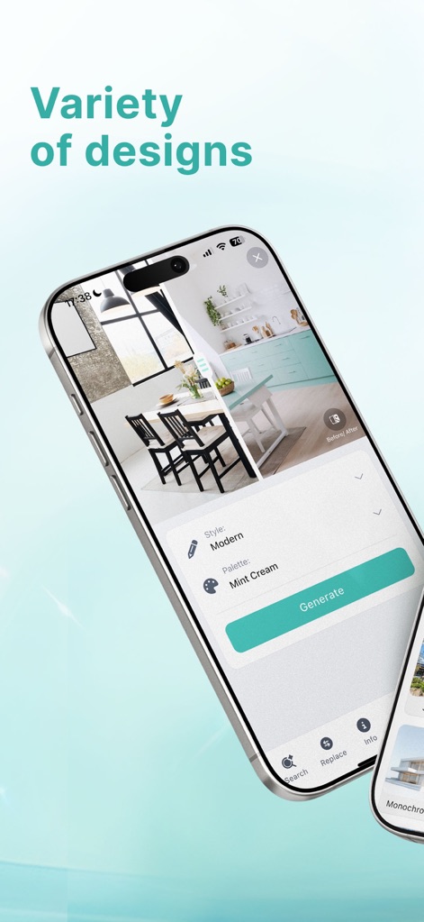 HomeVibe – AI Home Design - O aplicativo oferece uma 'Variety of designs', demonstrada pela função de dividir a tela em 'before/after' para comparar transformações de ambientes, e permite a seleção de 'Style: Modern' e 'Palette: Mint Cream' antes de gerar novos visuais.