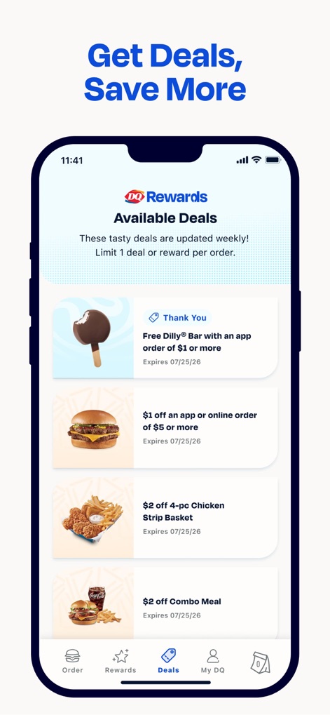 Dairy Queen® Food & Treats - The app provides access to exclusive weekly deals, allowing users to save on popular items such as a Free Dilly® Bar or discounted Chicken Strip Baskets.