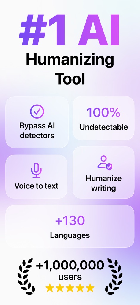 Humanize AI: Paraphrase Tools - Questo screenshot evidenzia le capacità principali dell'app, come la garanzia di testi "100% Indetectabili" dagli strumenti di rilevamento AI e la comprovata fiducia di "oltre 1.000.000 di utenti" che beneficiano della sua efficacia.