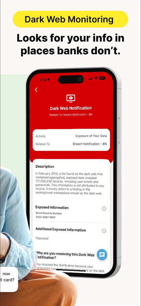 LifeLock Identity - View the detailed 'Dark Web Notification' feature, clearly displaying 'Exposed Information' like Social Security Numbers and passwords if a breach is detected.